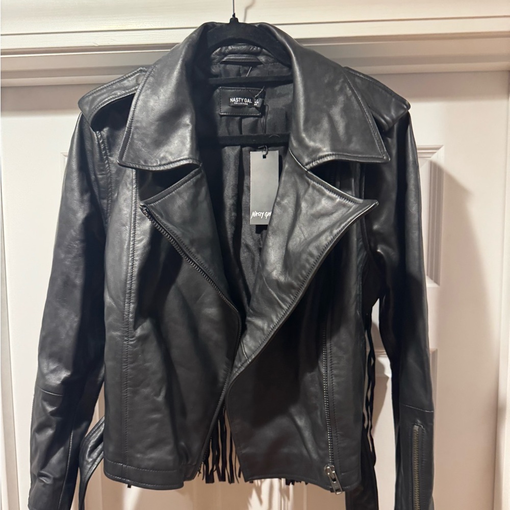 NWT Nasty Gal Faux Leather Biker Jacket with Fringe - M